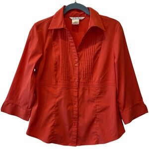 Como Petite S Pleated Button Front‎ 3/4 Sleeve Blouse Top Women PM